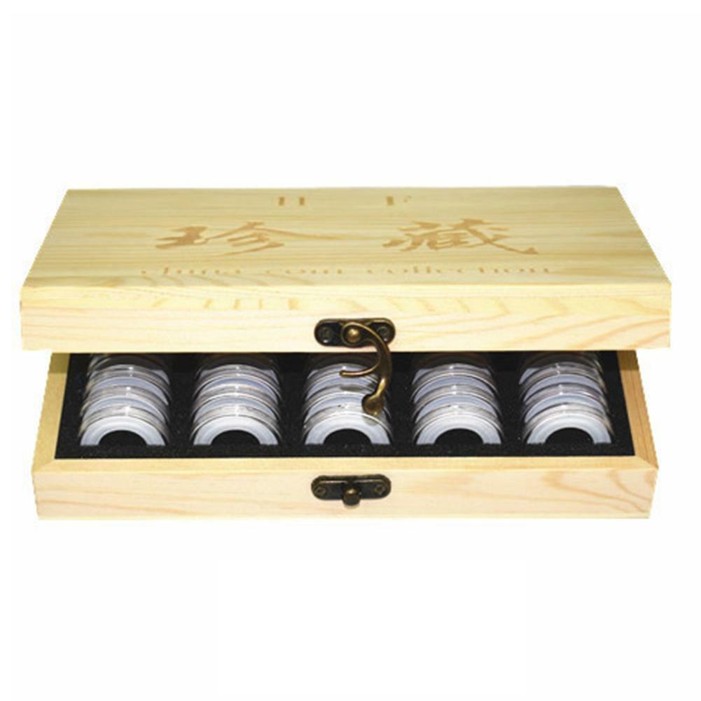 Wooden Coins Display Storage Box Case+50 Grids Round Slab Certified Capsule New